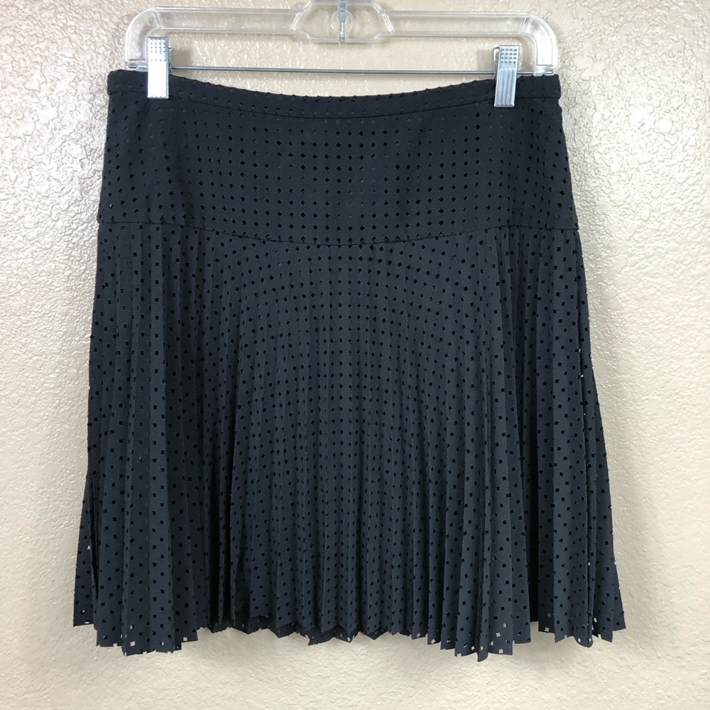 J. Crew black perforated accordion pleated mini skirt.